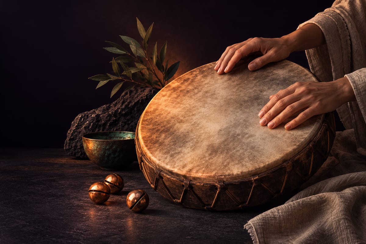 Illustrative hands beside a frame drum and rhythm markers; not a Sanctuary class