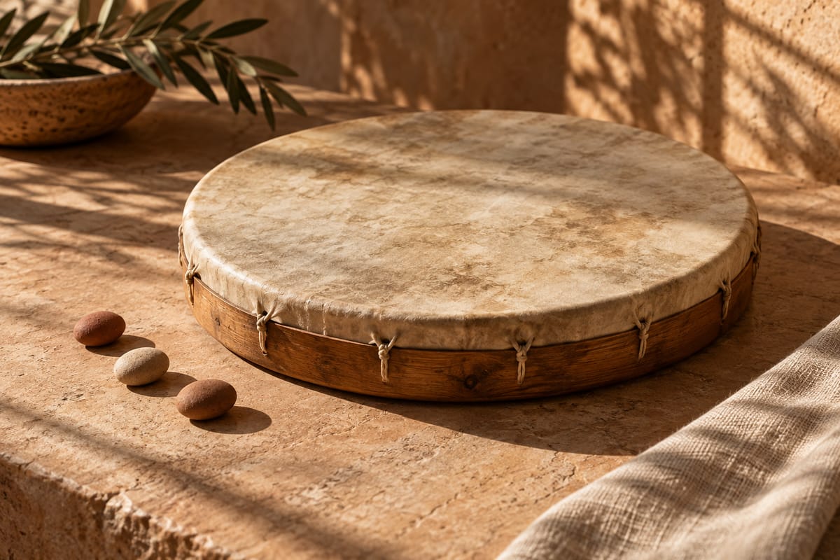 Illustrative handmade frame drum and three clay markers on a sunlit stone table; not a Sanctuary class