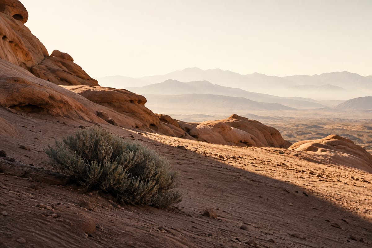 Illustrative desert hillside with sandstone, sage, and distant mountains