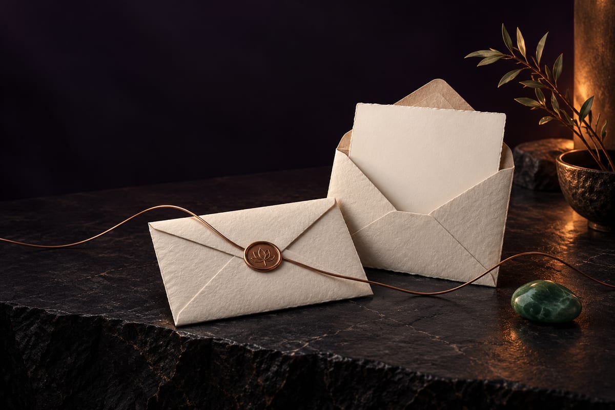 Illustrative handmade envelopes and a blank letter linked by copper; not the Sanctuary house