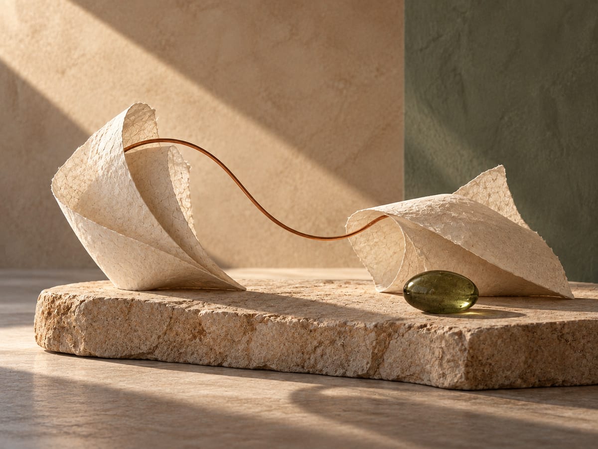 Illustrative folded paper forms linked by a copper filament; not the Sanctuary house