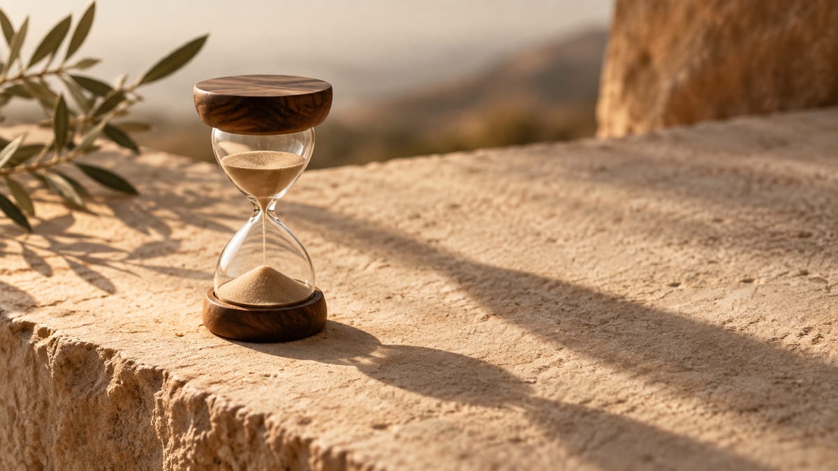 Illustrative hourglass and long shadows on pale sandstone