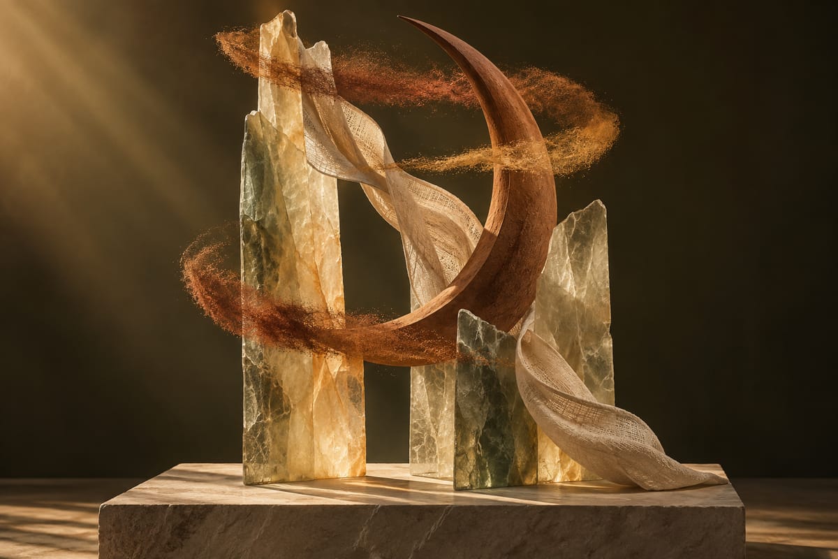 Illustrative clay crescent, translucent glass planes, linen, and pigment veils on a plinth; not the Sanctuary property or a workshop
