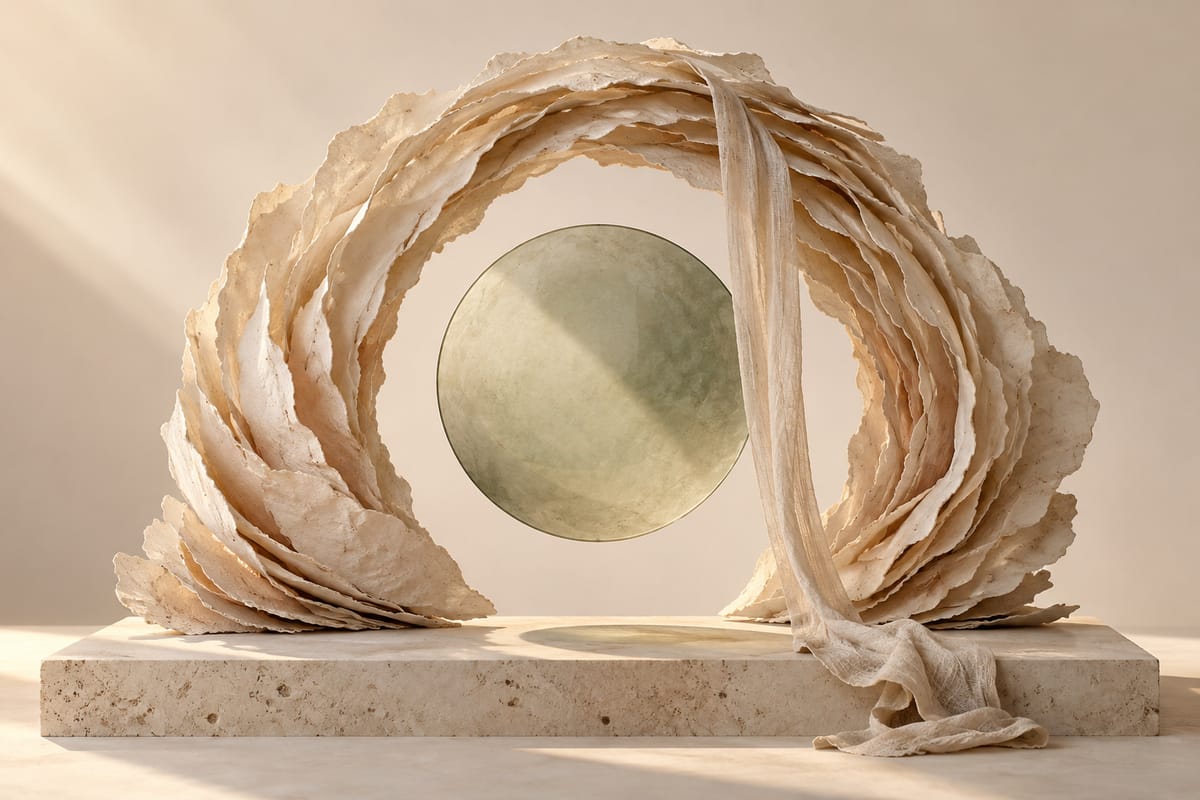Illustrative arch of torn ivory paper, a floating sage disc, and linen; not the Sanctuary property
