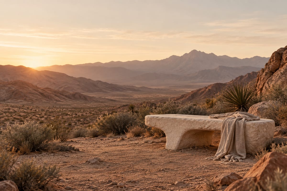 Illustrative desert landscape with a stone bench and linen at sunrise