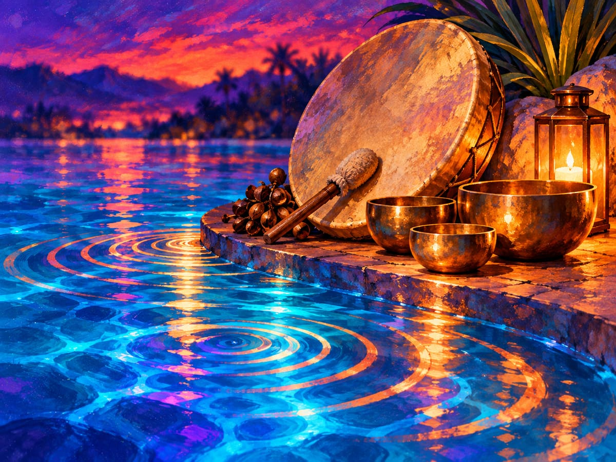 Illustrative drum, percussion, and bowls beside colorful rippling water; not the actual event or venue