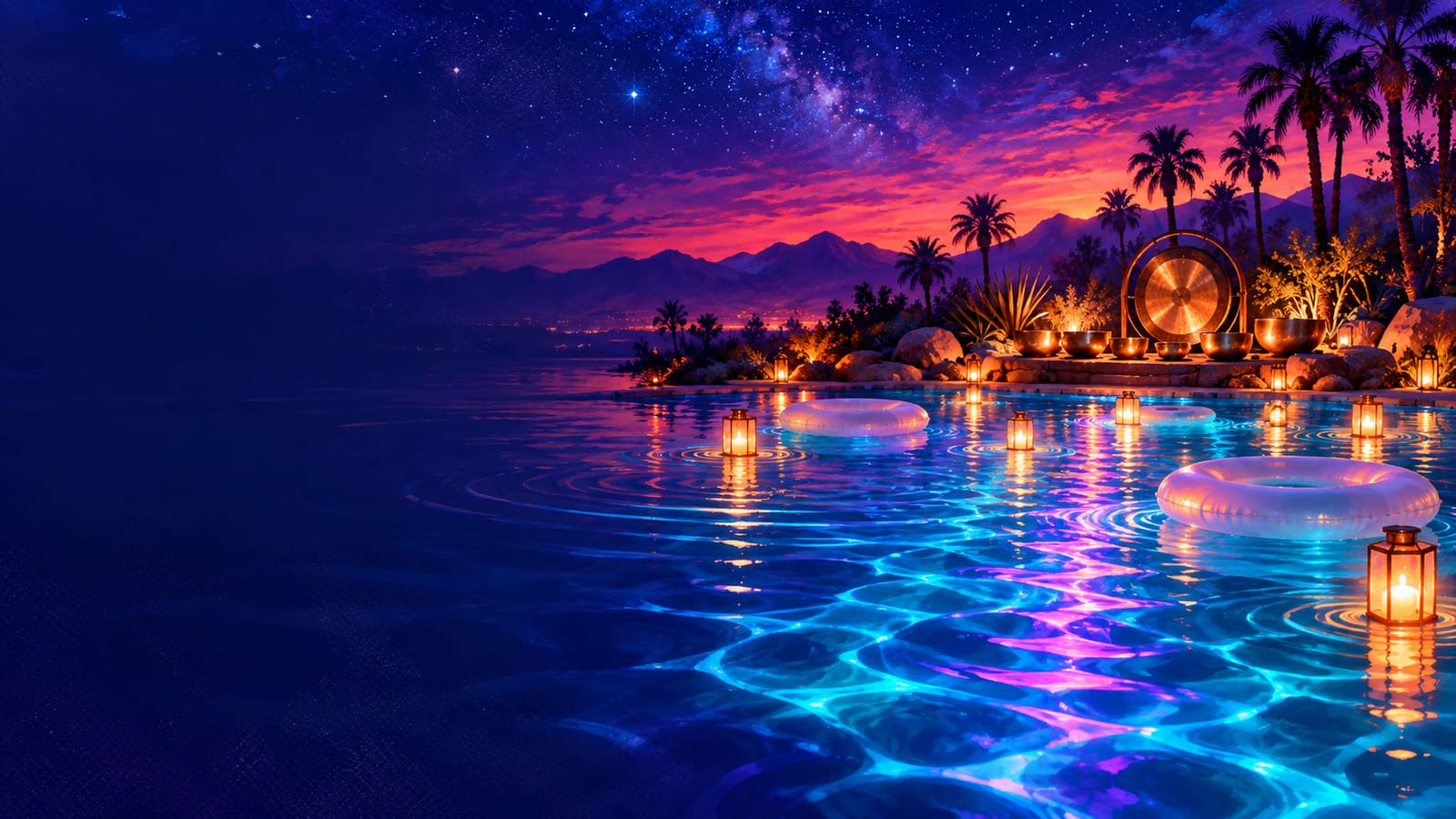 Illustrative violet Las Vegas twilight over luminous blue water, empty floats, palms, and a copper percussion circle; not the event venue
