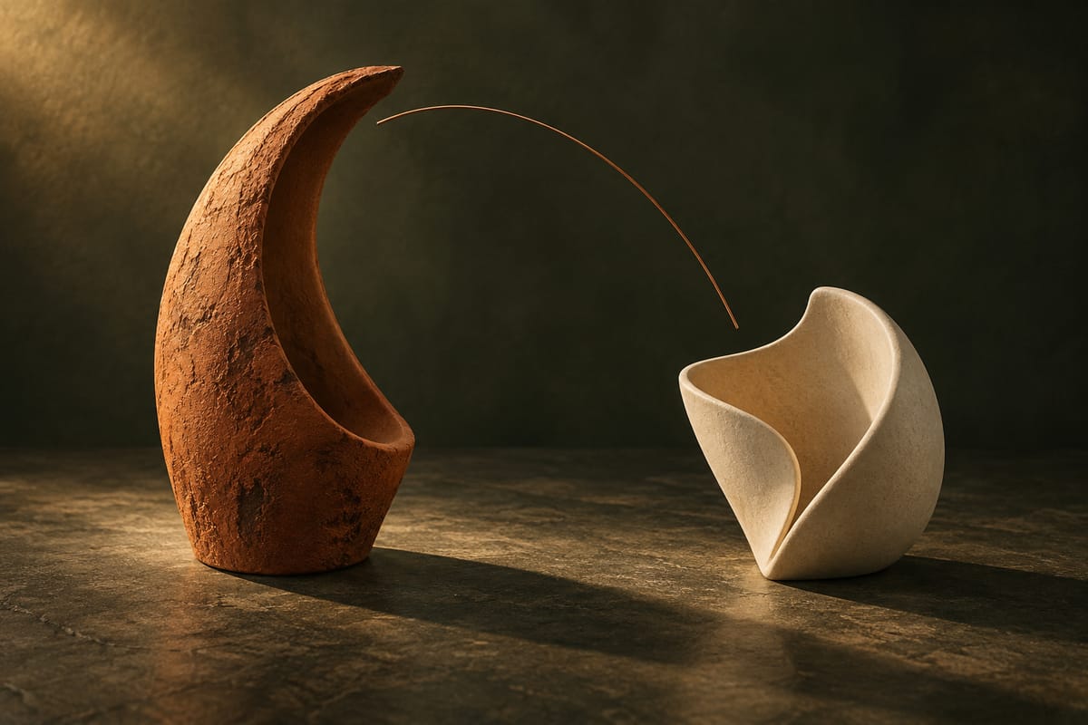 Illustrative clay and ceramic forms facing each other across an open gap