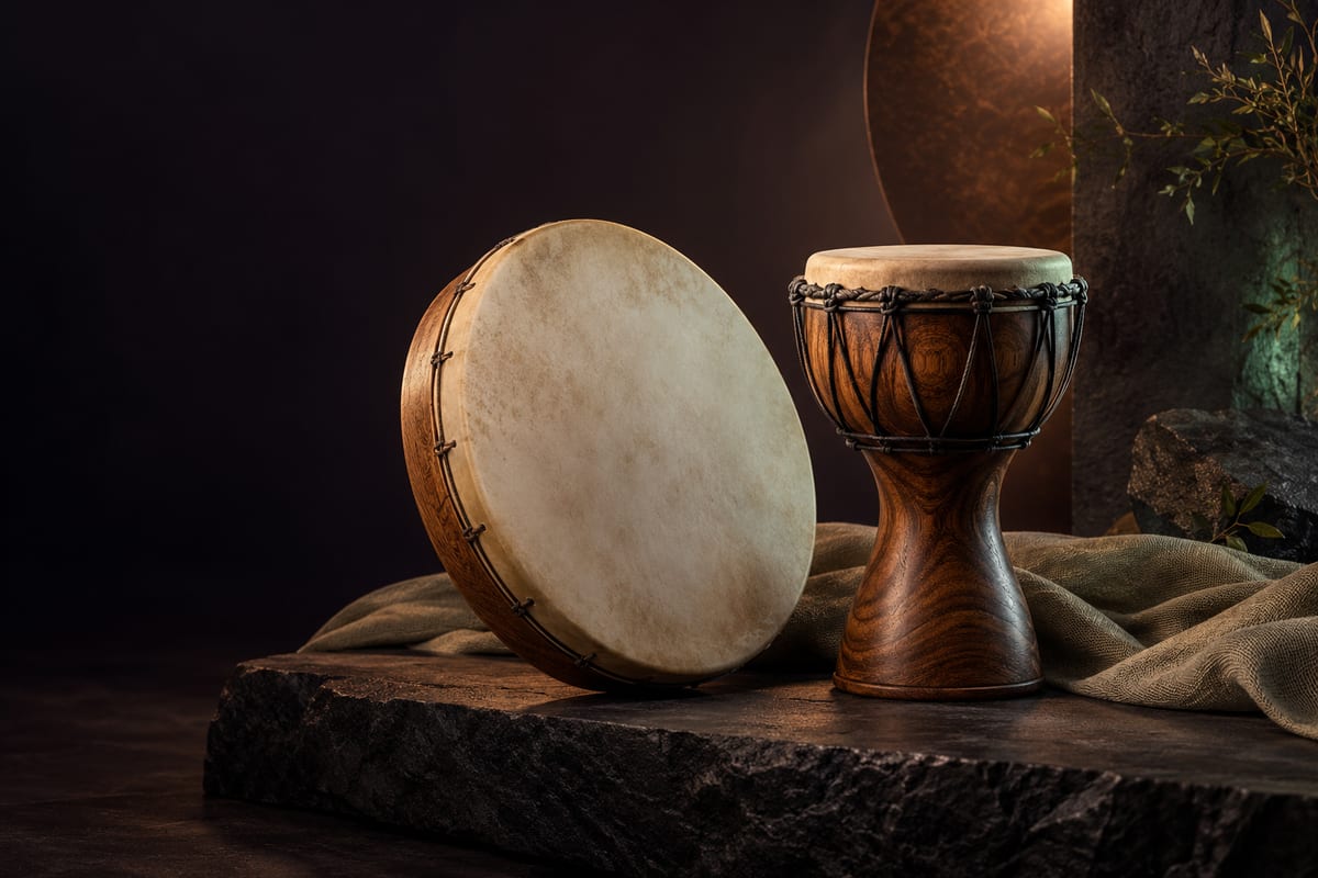 Illustrative shallow frame drum beside a deeper goblet-shaped hand drum for comparison