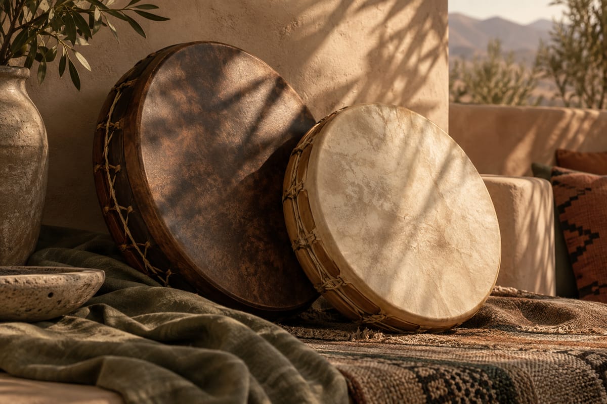 Illustrative still life of two frame drums in warm light