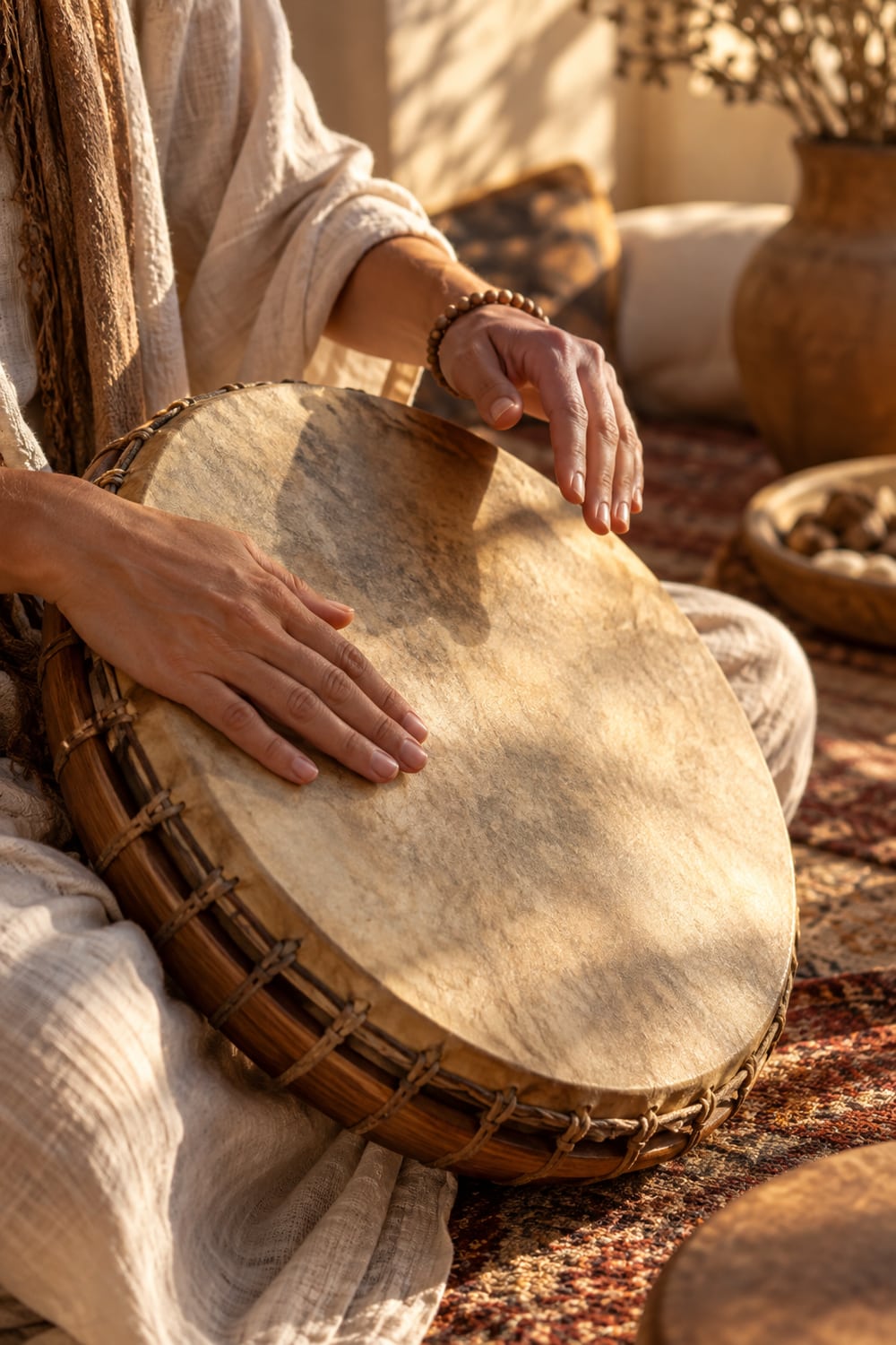 Concept image of hands playing a frame drum in warm light