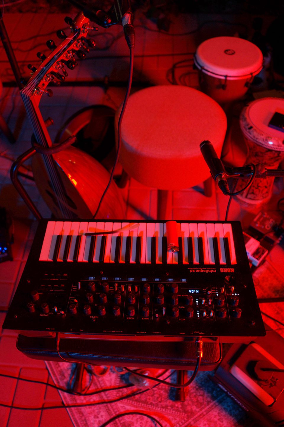 Keyboard, hand drums and microphones arranged for the live music