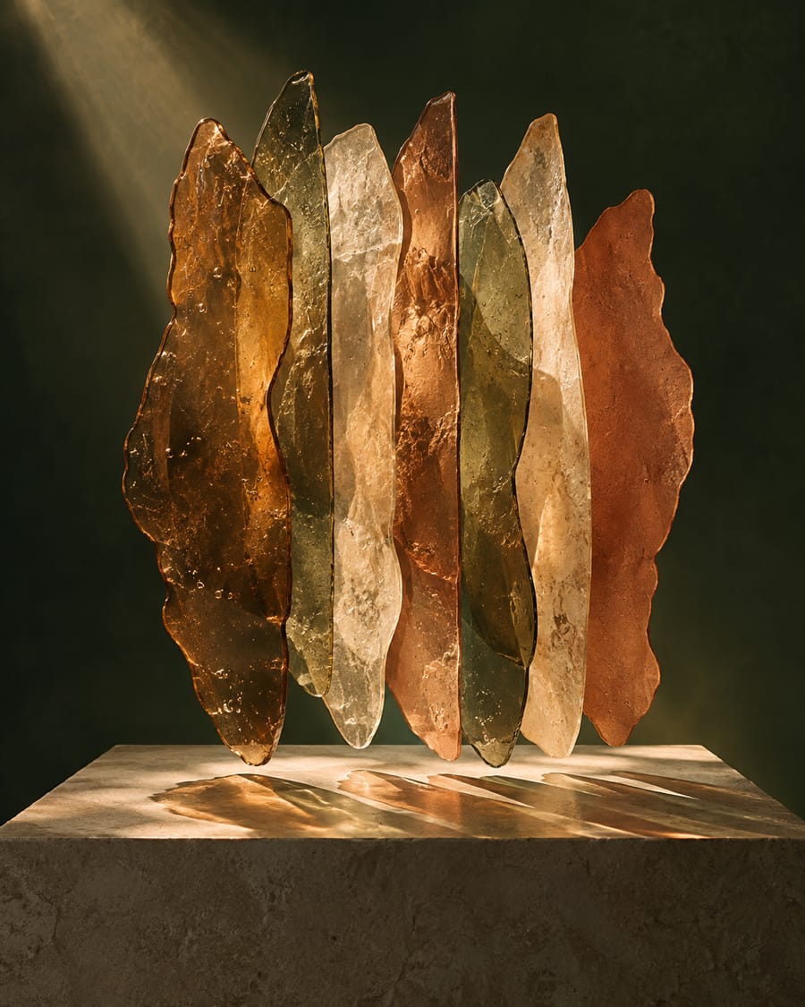 Illustrative amber, olive, and copper glass forms overlapping in a shaft of light