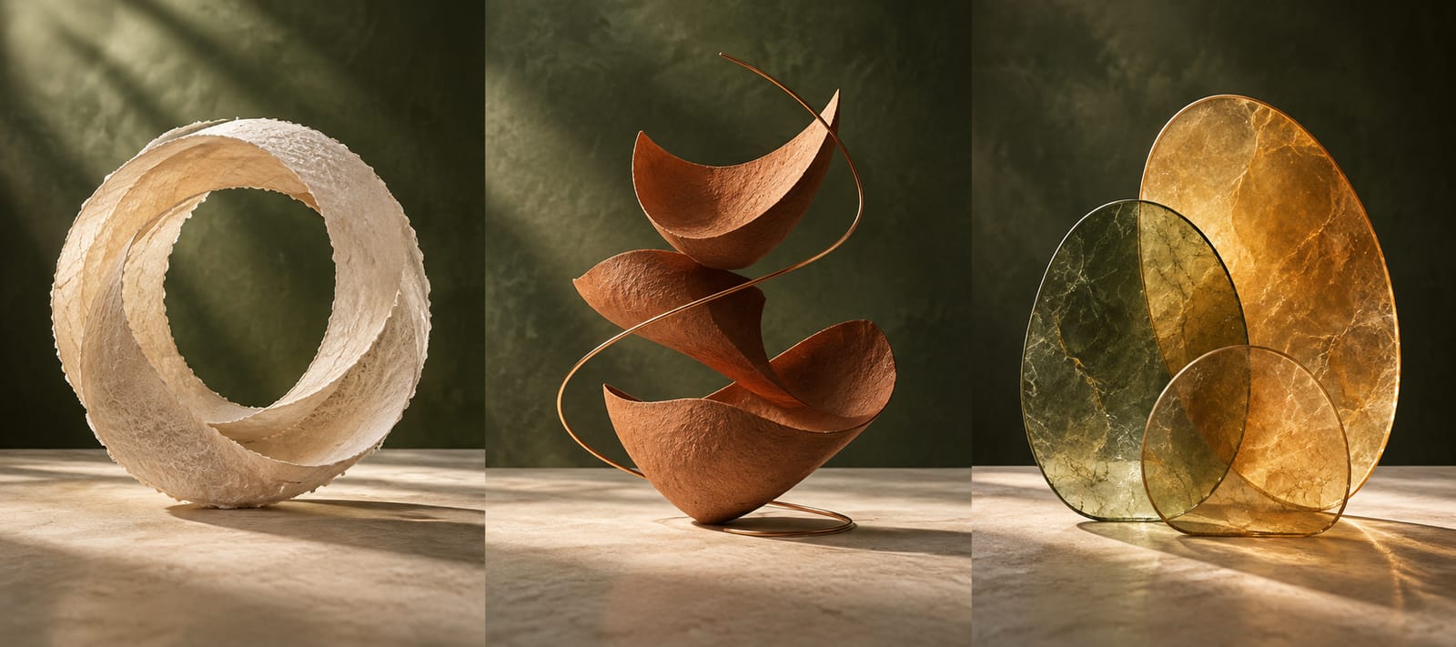 Illustrative triptych of an open ivory paper ring, rhythmic terracotta forms, and overlapping amber and olive glass planes; not the Sanctuary property or a session