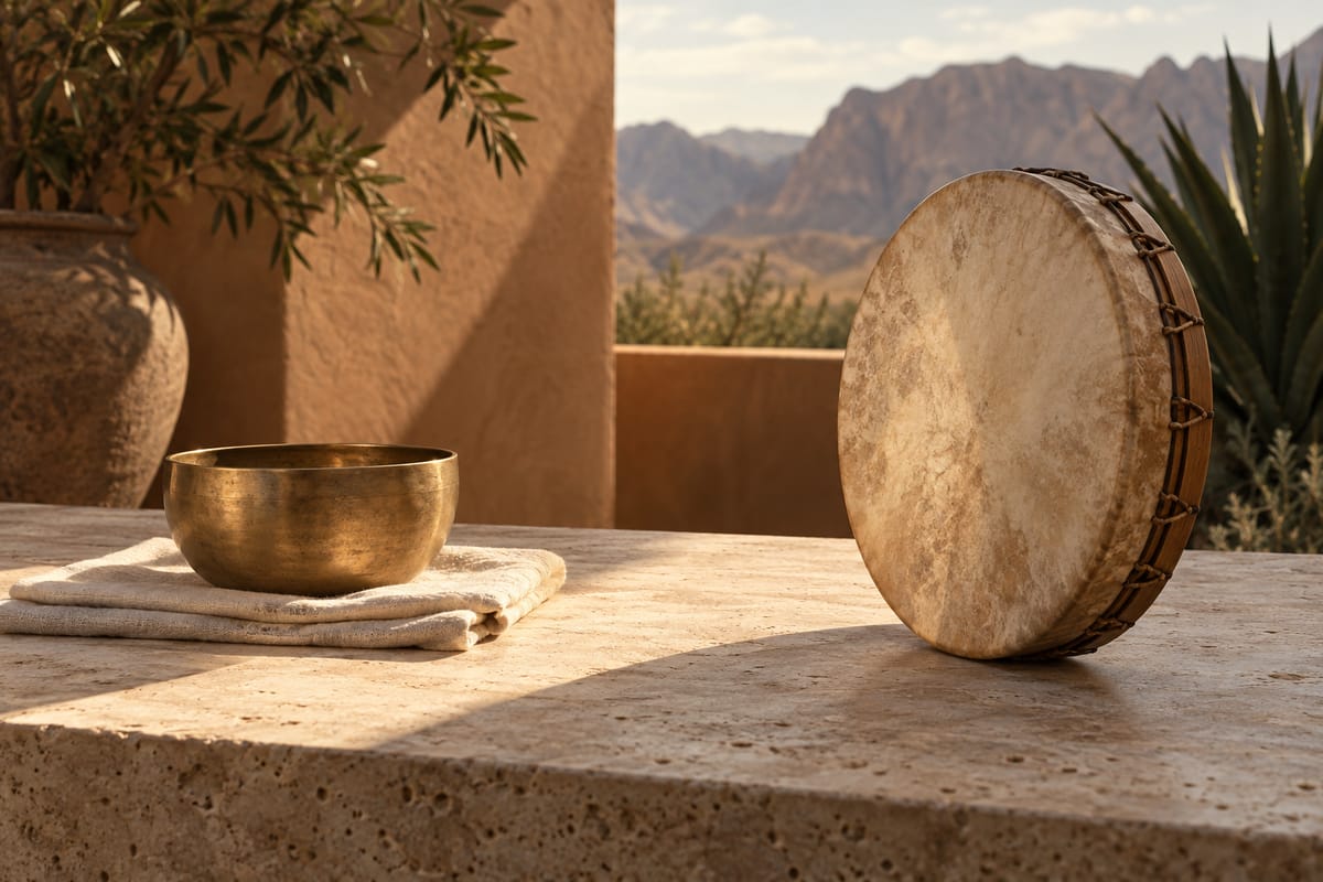 Illustrative bronze bowl beside a frame drum in desert light; not a Sanctuary event or property