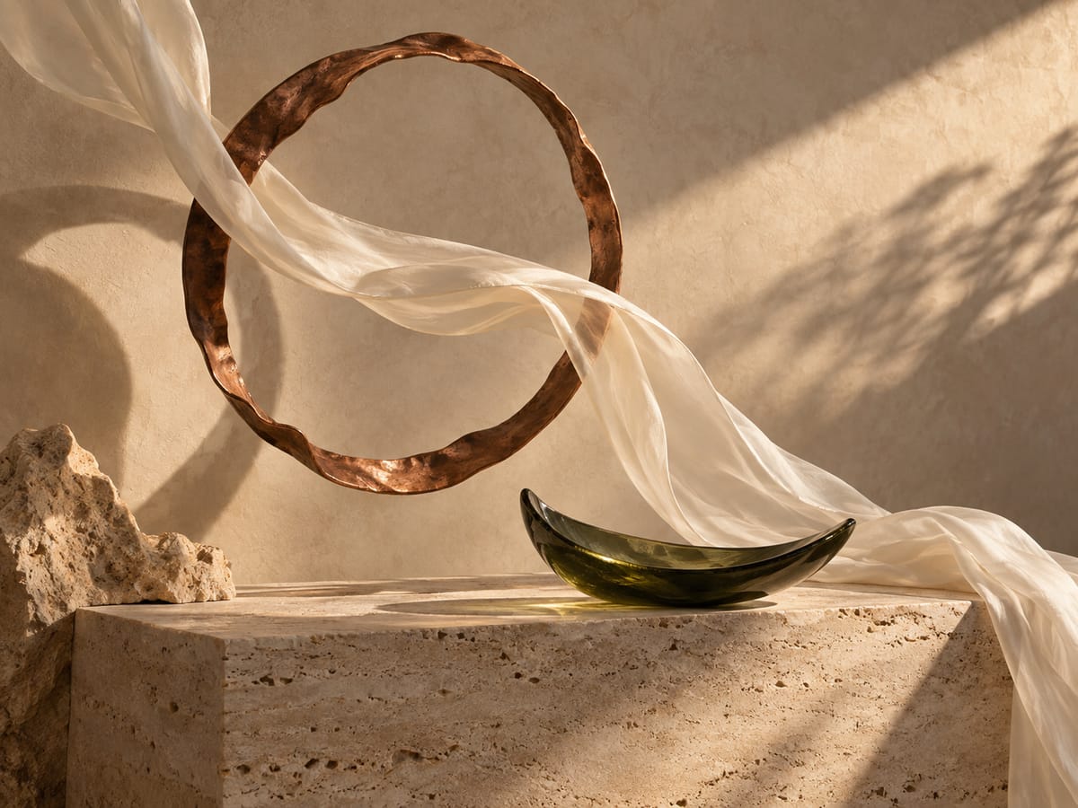 Illustrative copper ring and silk ribbon above a stone plinth; not the Sanctuary property