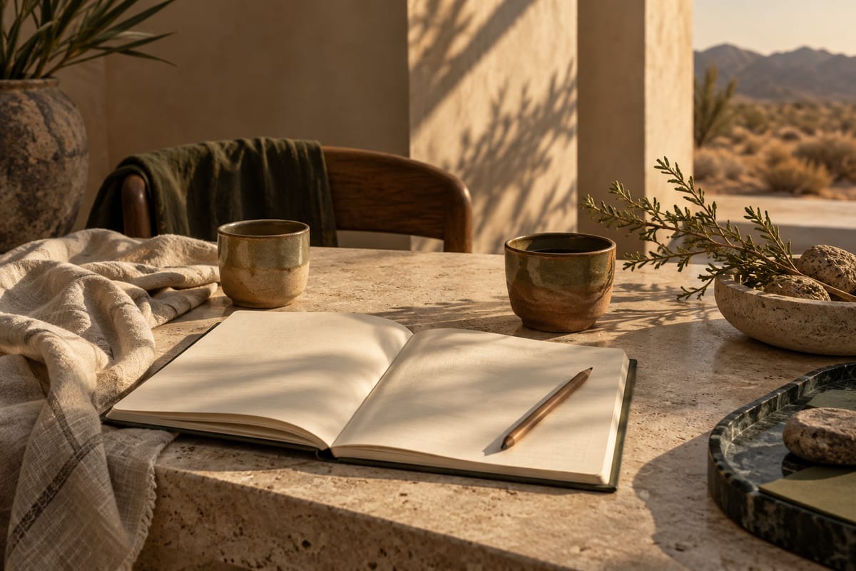 Illustrative open notebook and ceramic cups on a sunlit table