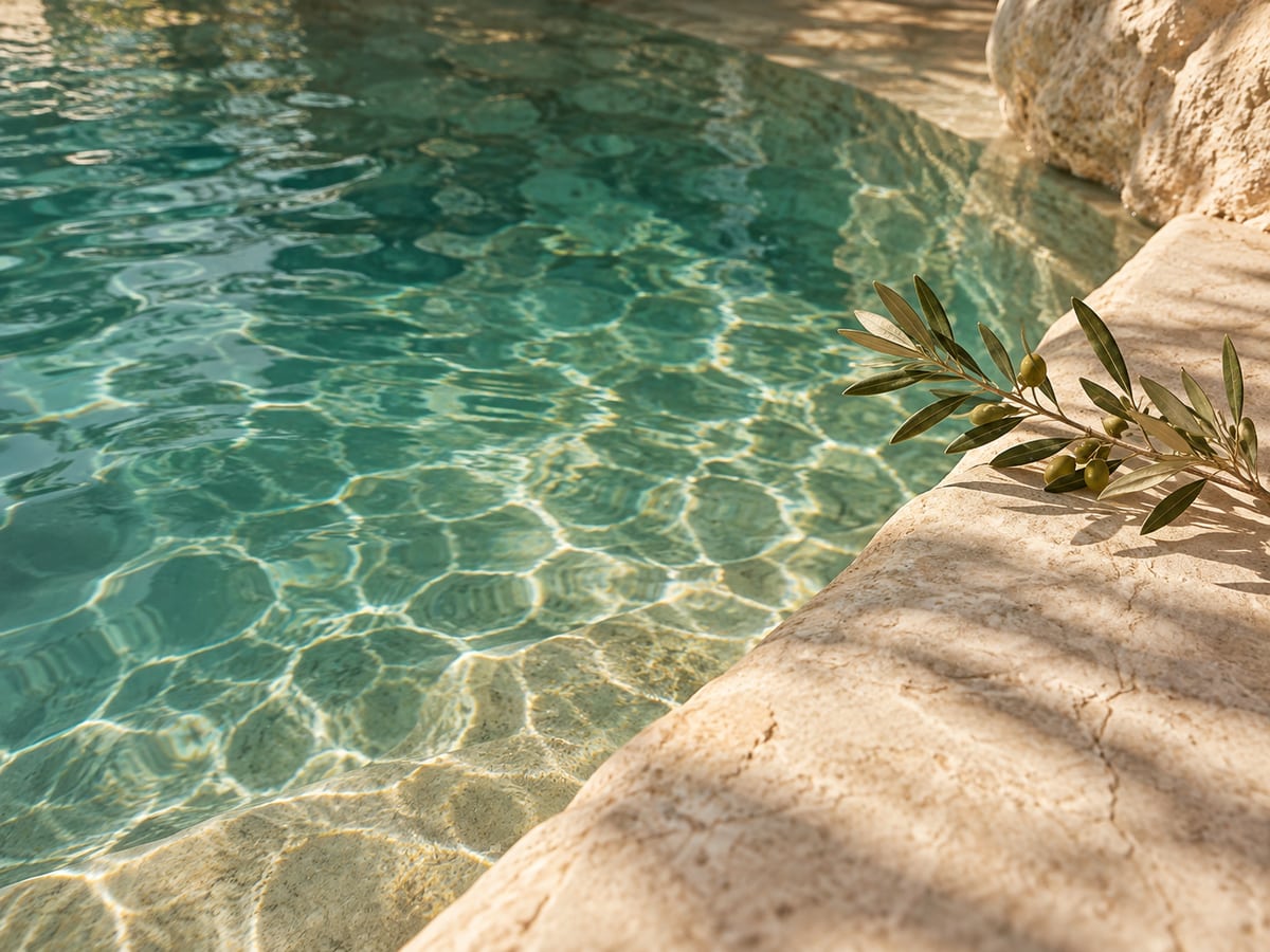 Illustrative detail of sunlit pool water and stone