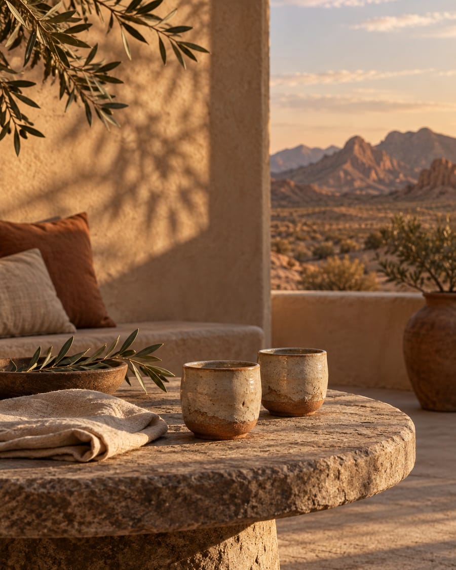 Illustrative cups and linen in a quiet desert setting