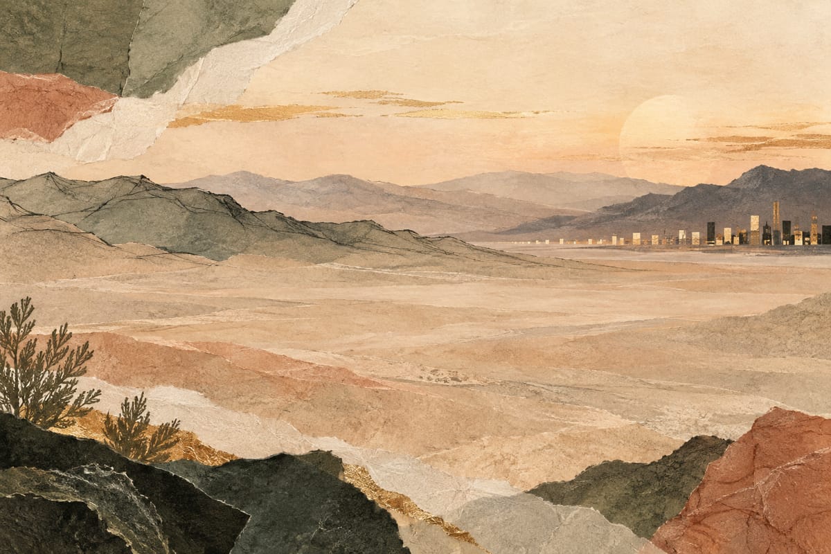 Illustrative paper collage of desert ridges and distant abstract city lights; not a view from The Sanctuary