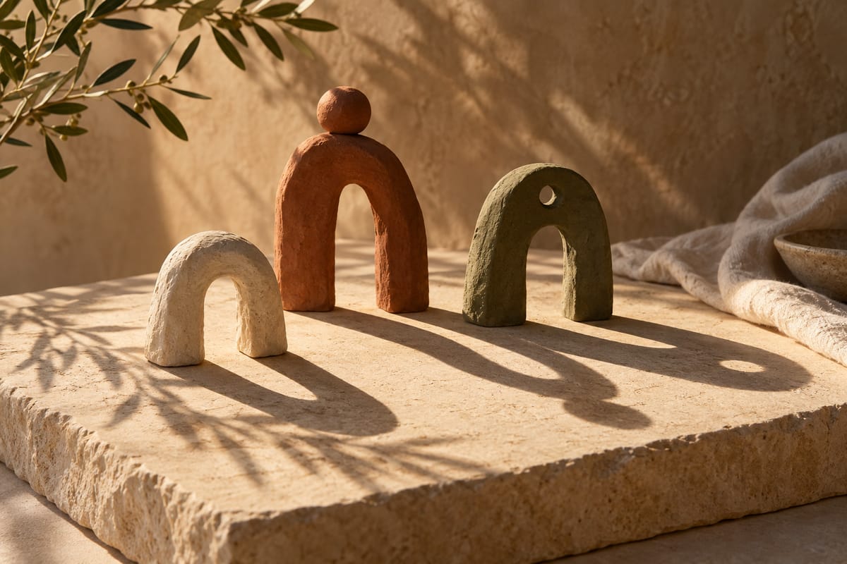 Three small clay arch sculptures on sandstone in warm desert light; illustrative, not the Sanctuary property