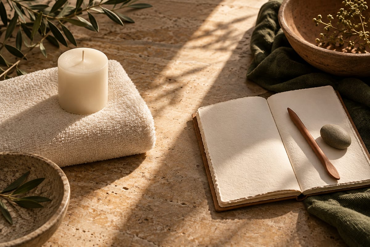 Illustrative towel and candle beside a blank notebook and clay tool; not a Sanctuary offering