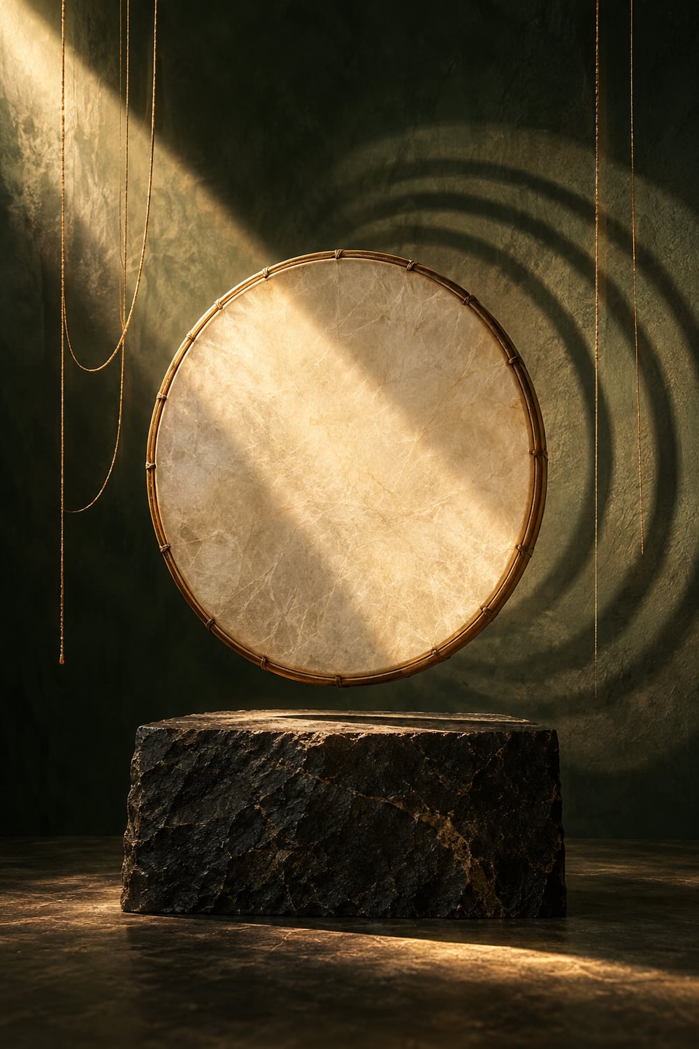 Illustrative unplayed frame drum suspended above stone with rhythmic shadows; not a Sanctuary session