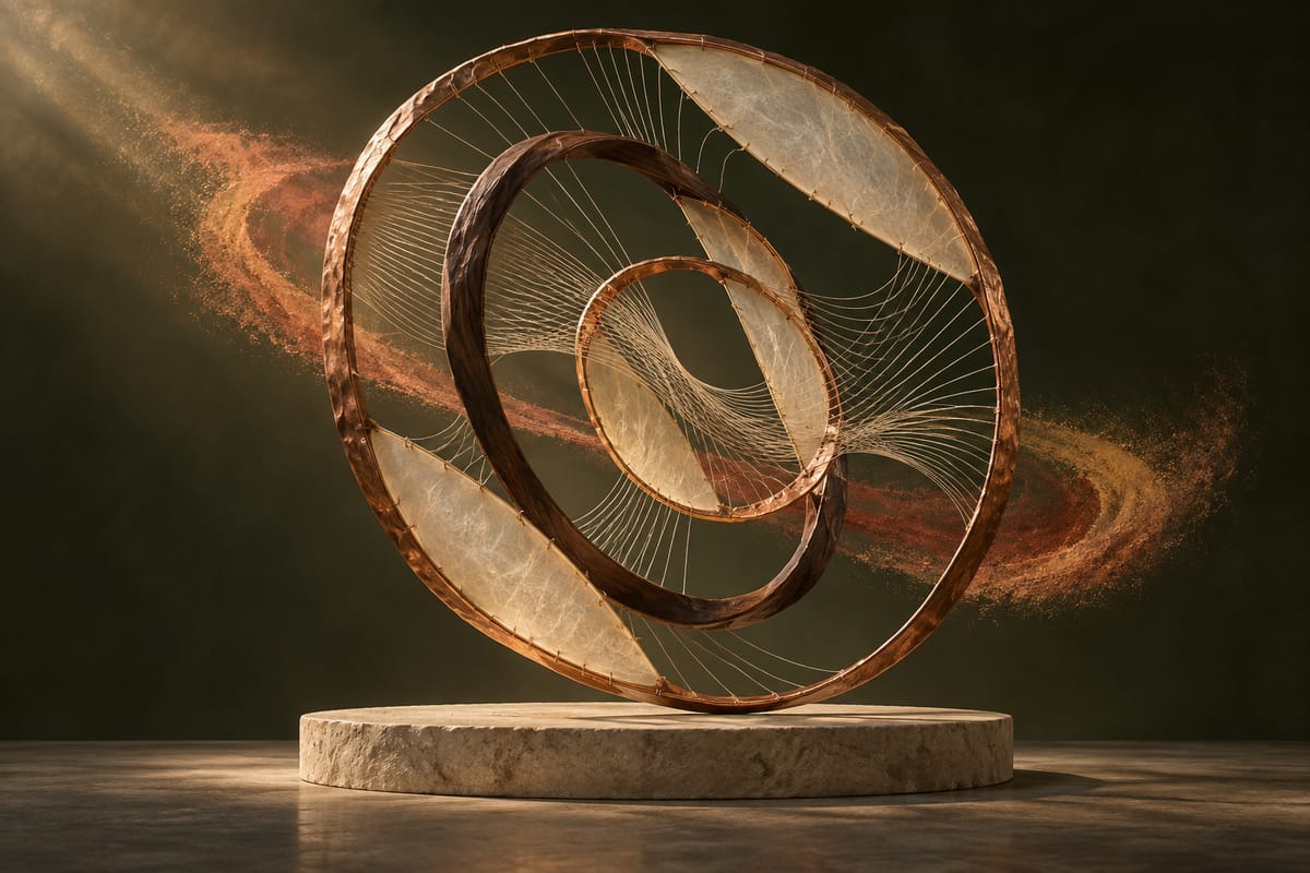Illustrative copper, walnut, parchment, and linen-thread sculpture suggesting a rhythmic pulse; not a Sanctuary workshop