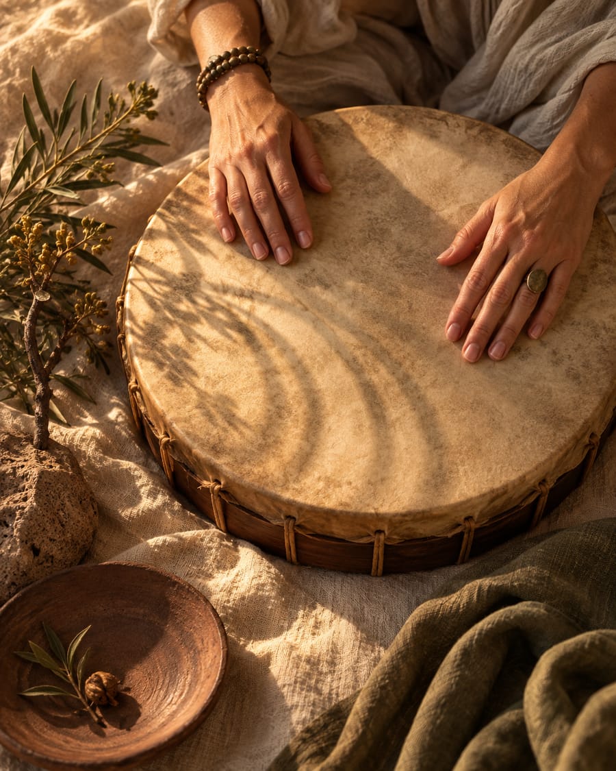 Illustrative hands touching a handmade frame drum