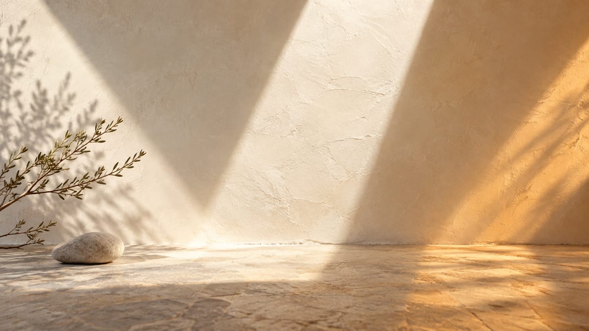 Illustrative bands of sunlight crossing a pale plaster wall and floor