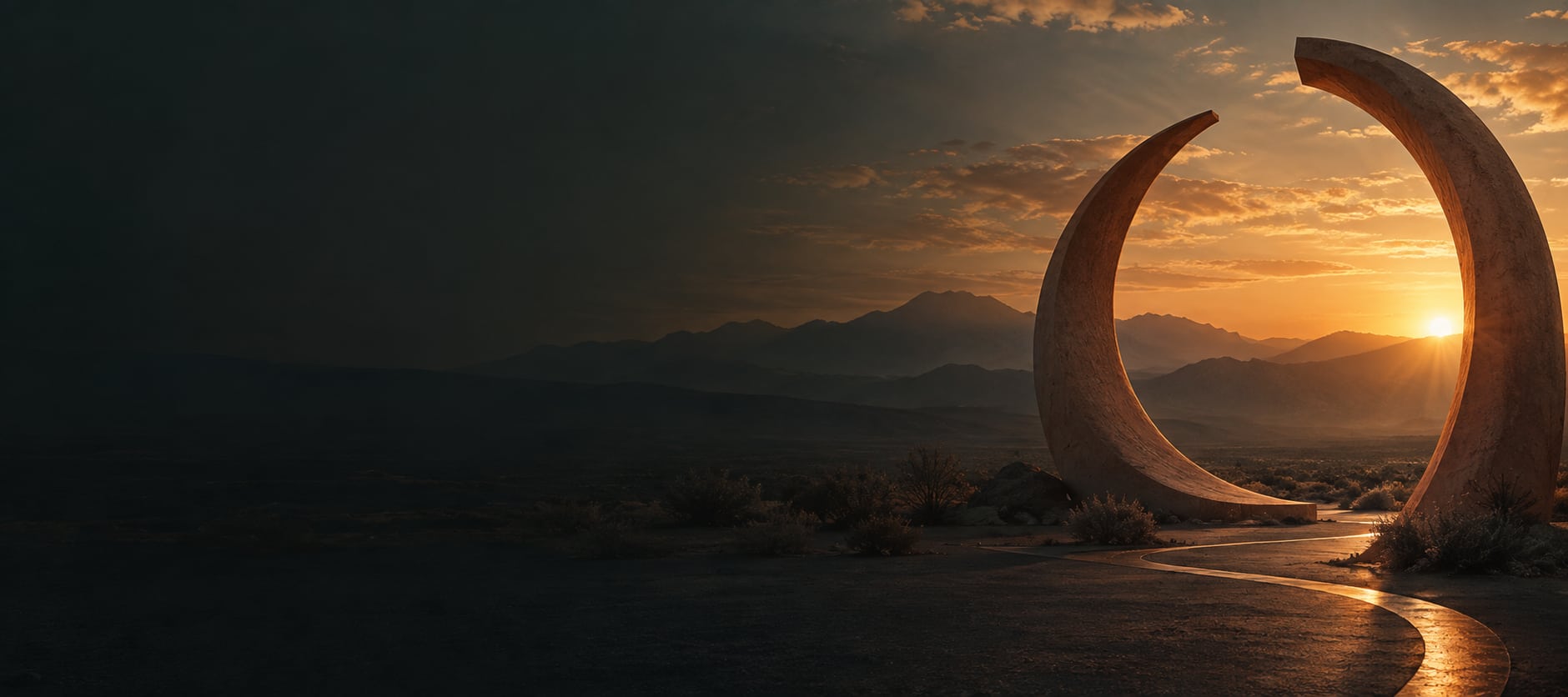 Illustrative desert landscape and abstract clay arcs at sunset; not the Sanctuary property