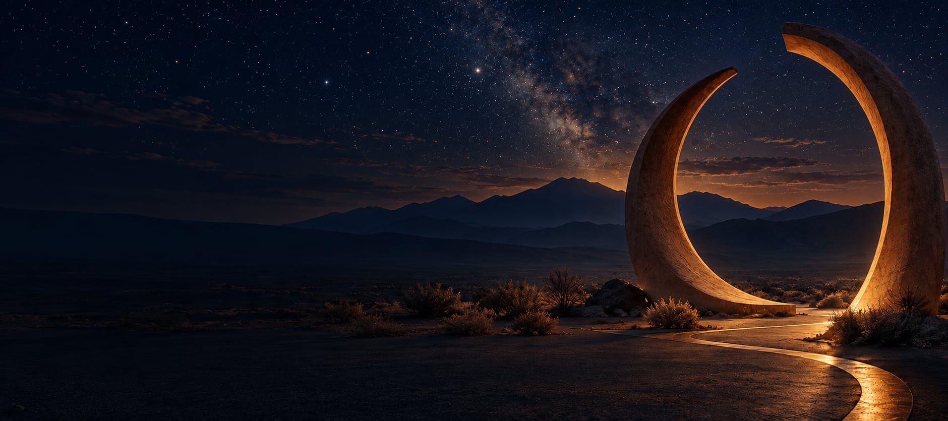 Illustrative night desert gateway with a sculptural clay arch beneath the stars; not the Sanctuary property