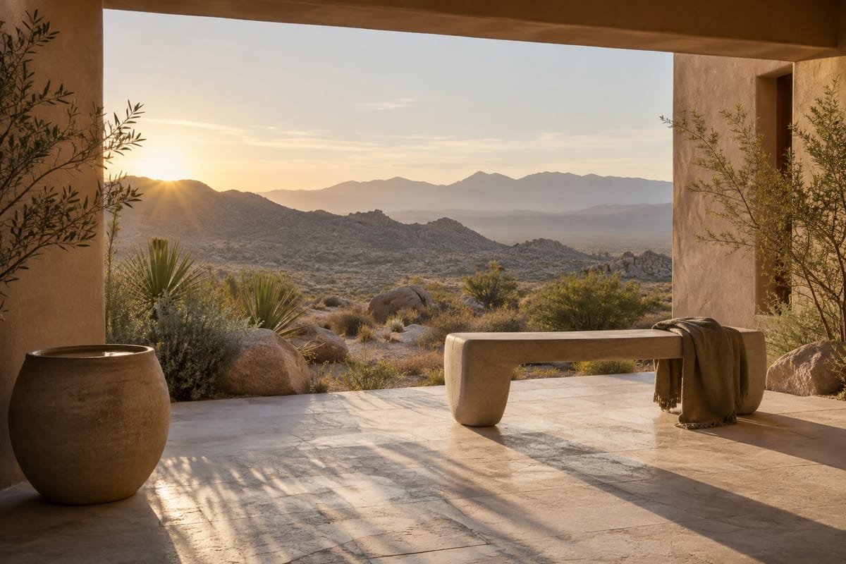 Illustrative shaded desert threshold with a stone bench