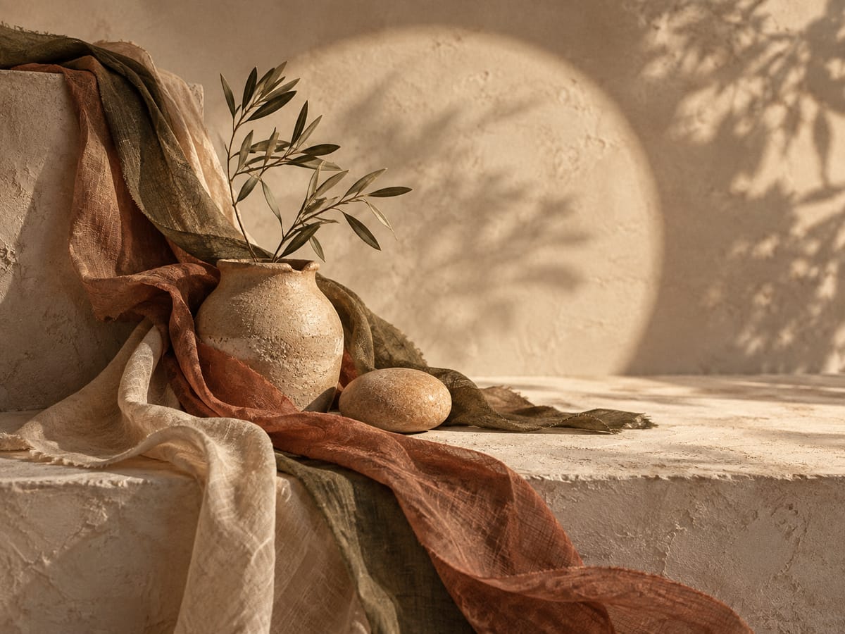 Illustrative linen, clay, and stone in desert light