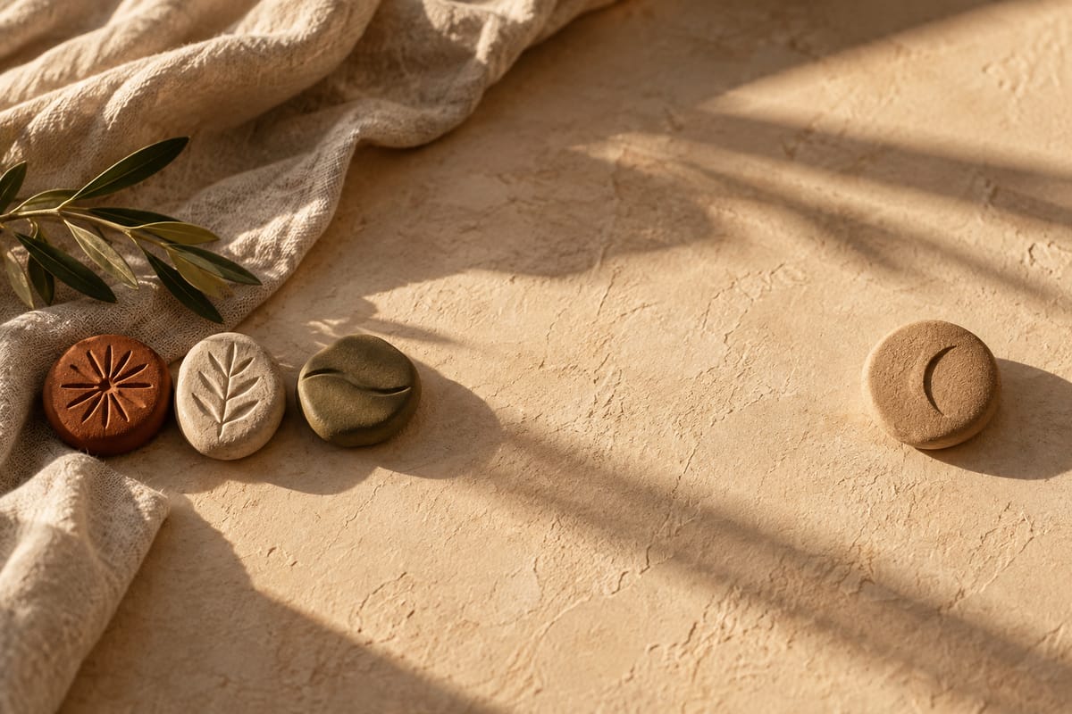 Illustrative clay tokens separated by a broad sunlit gap; not a retreat schedule
